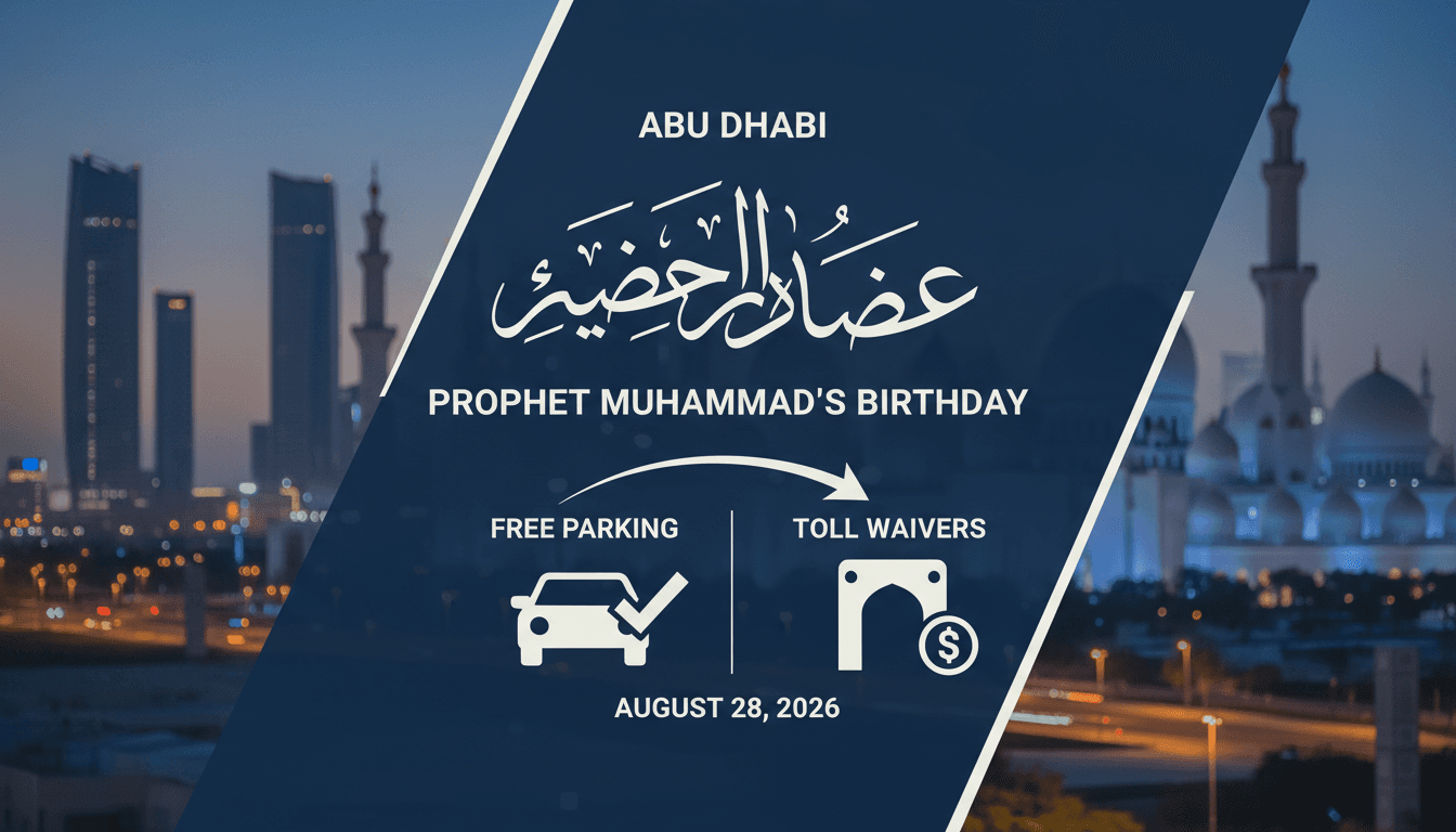 A graphic illustrating free parking and toll waivers in Abu Dhabi for the Prophet Muhammad Birthday holiday.