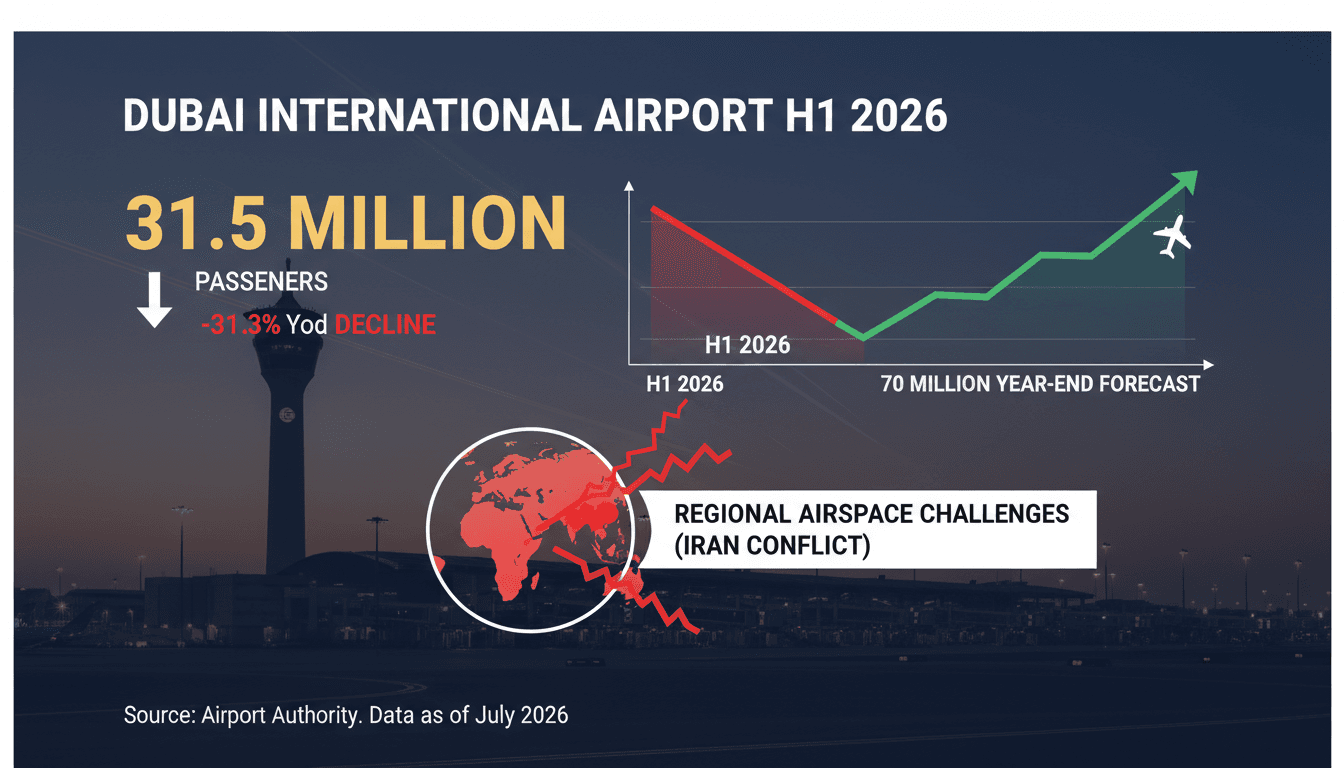 Infographic showing Dubai International Airport's passenger traffic trends and regional challenges in 2026.