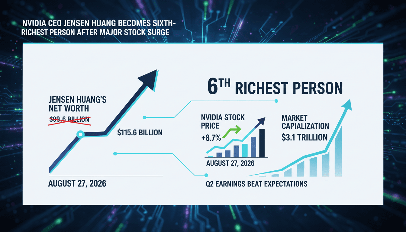 Infographic showing Jensen Huang's wealth increase and Nvidia's stock performance in the AI market.