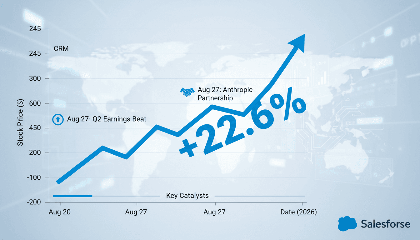 A graph showing Salesforce's stock price increase after Q2 earnings and Anthropic partnership announcement.