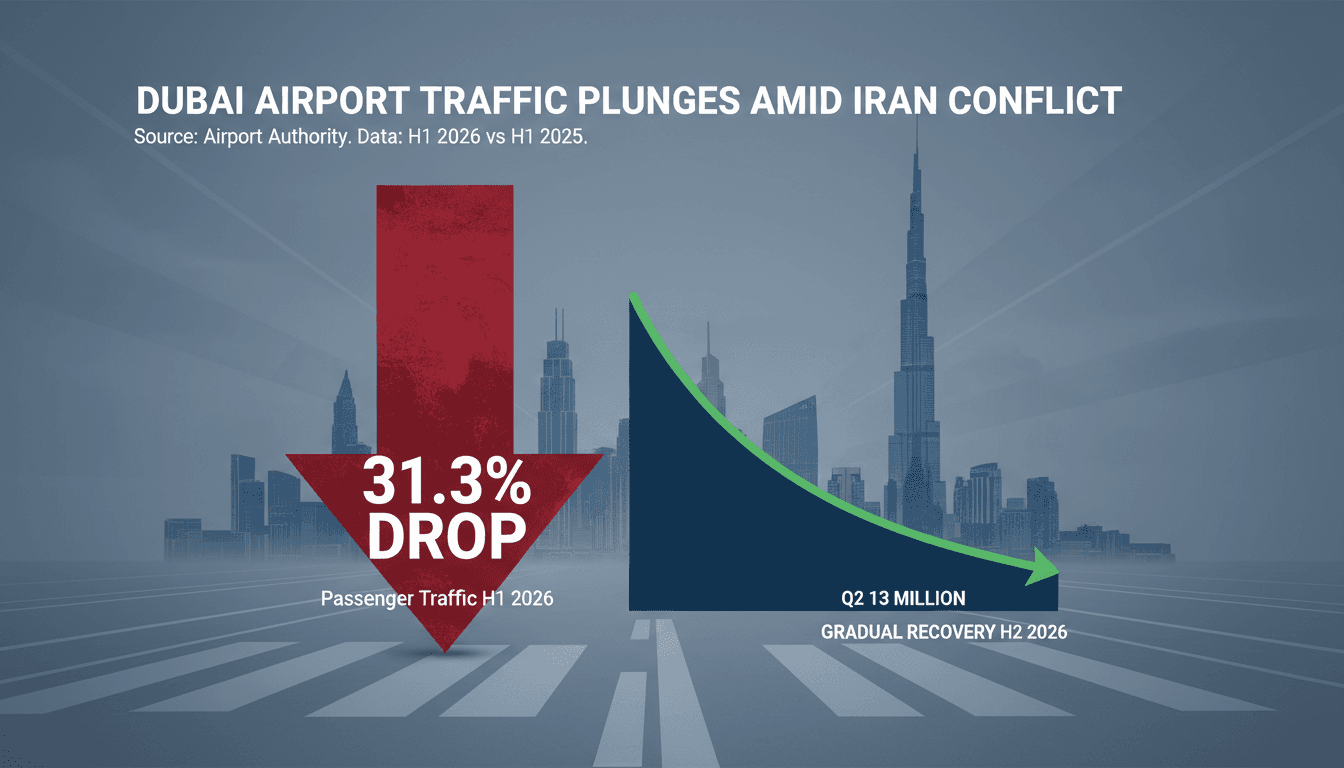 Infographic showing the 31.3% decline in passenger traffic at Dubai International Airport due to the Iran conflict.