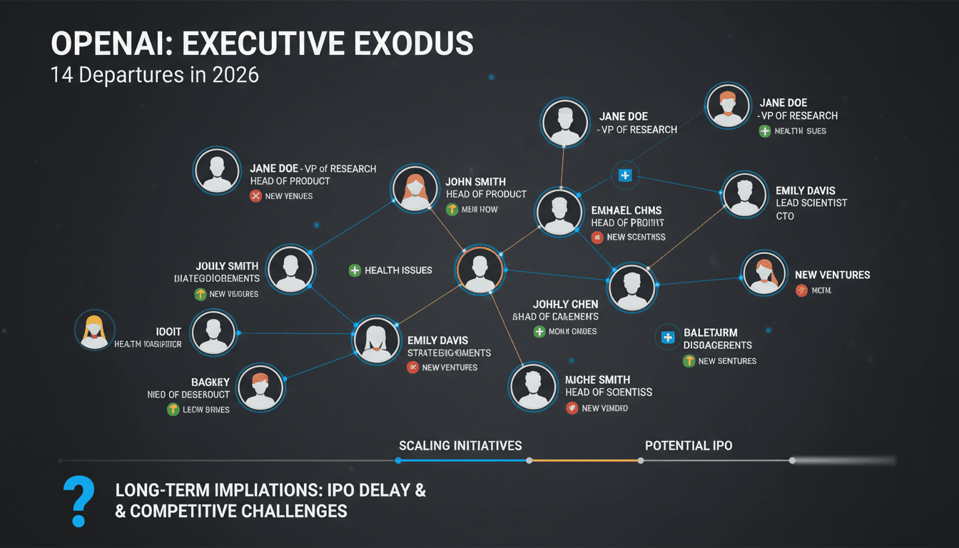 Infographic detailing the 14 senior executives who left OpenAI in 2026, including their roles and reasons for departure.
