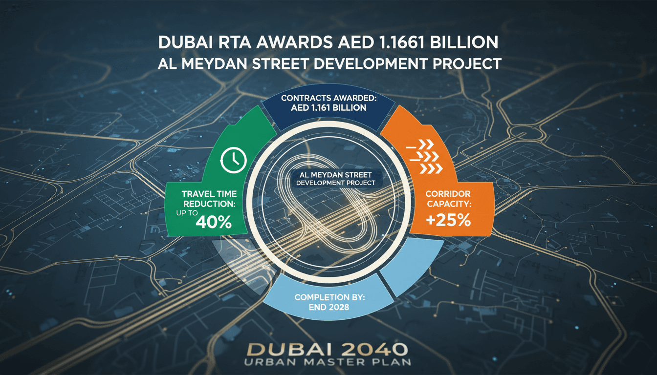 Infographic detailing the Al Meydan Street development project and its impact on travel times in Dubai.