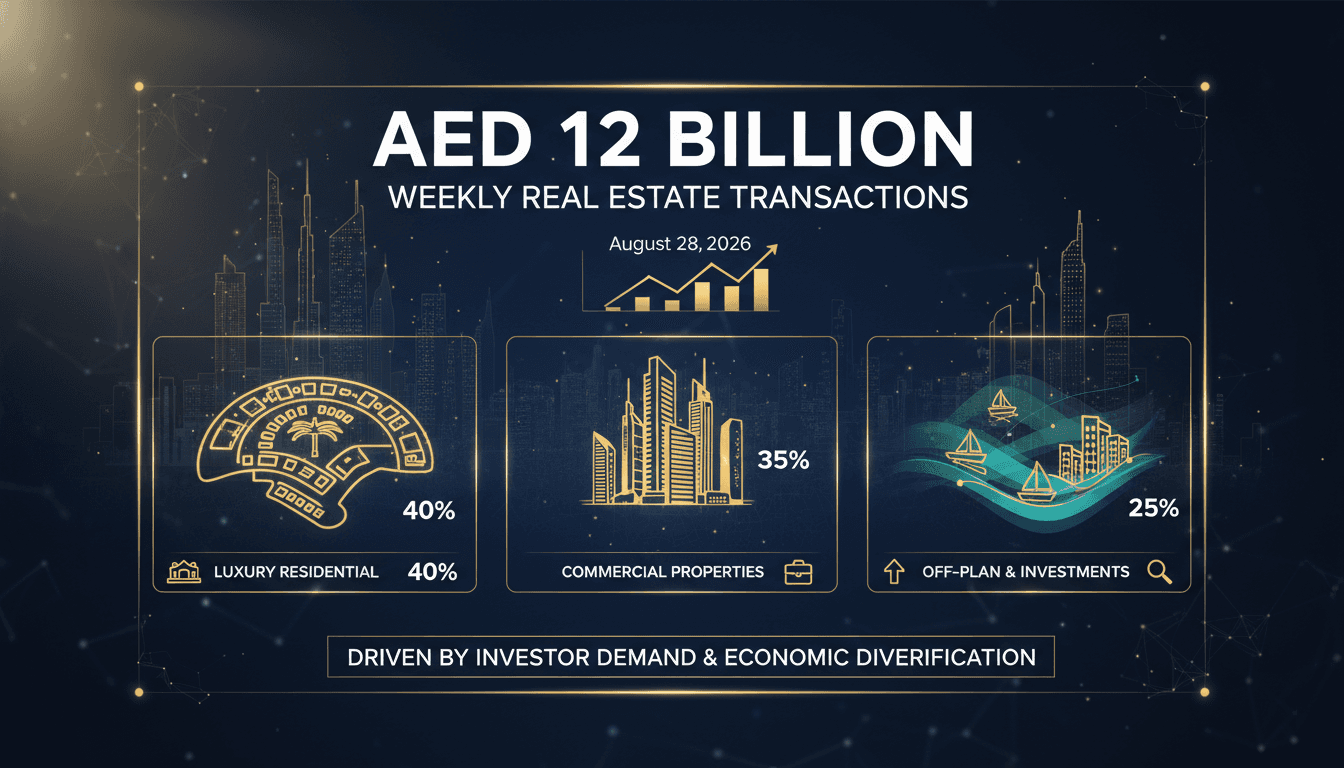 Infographic showing AED 12 billion in Dubai real estate transactions, highlighting key sales areas and types.