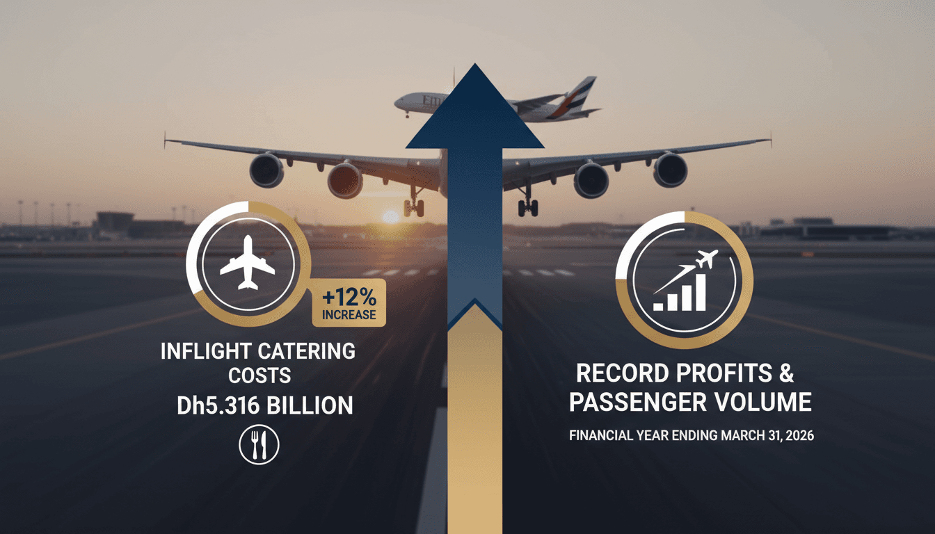 Infographic showing Emirates Airline's inflight catering costs and record profits, highlighting the impact on passenger experience.