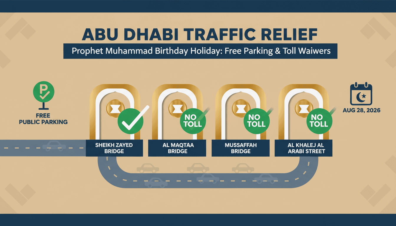 Infographic detailing Abu Dhabi's free parking and toll waivers for the Prophet Muhammad's Birthday holiday.