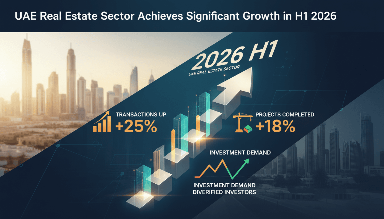Infographic showing the growth of the UAE real estate sector in H1 2026, highlighting key statistics and trends.