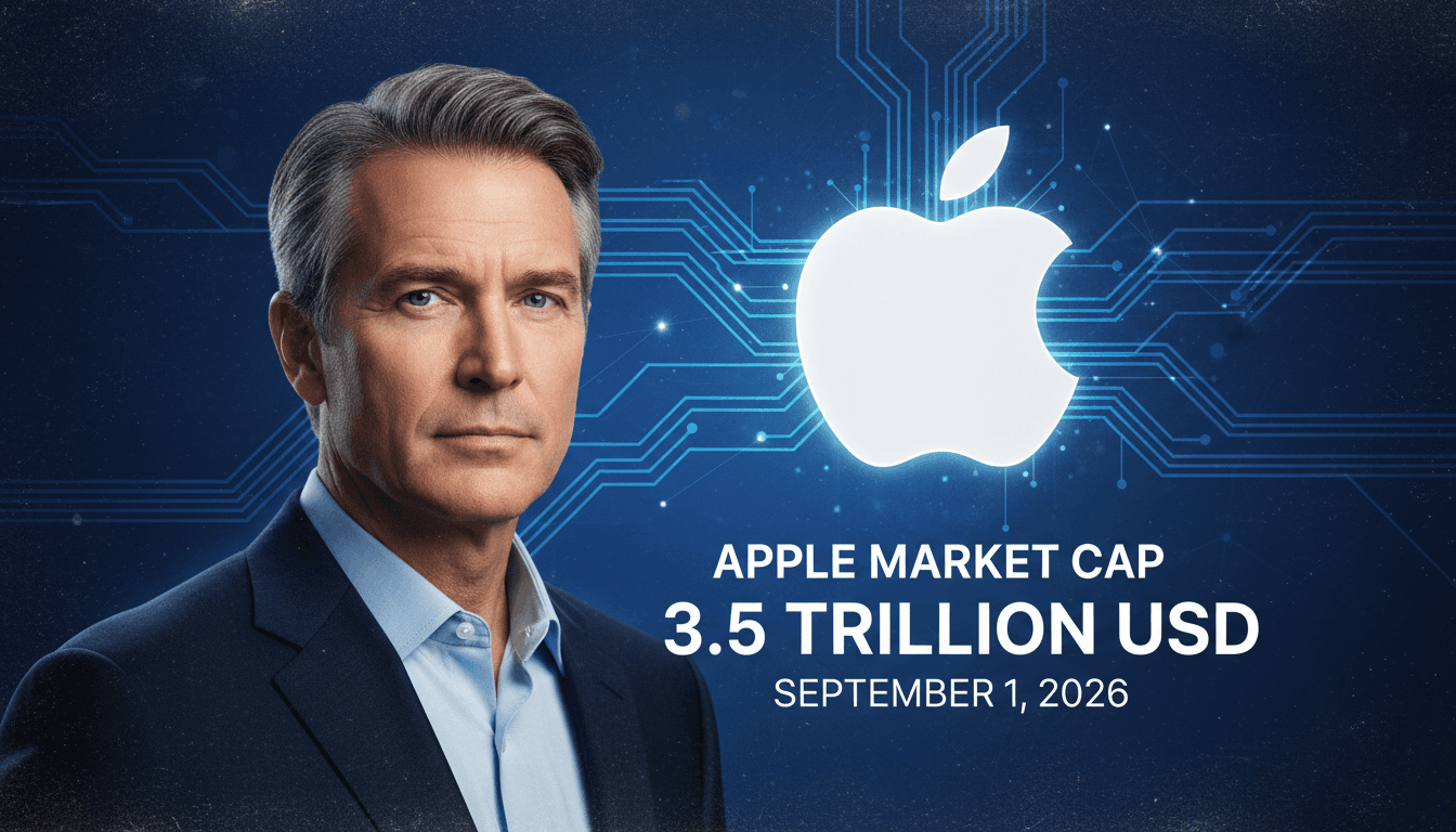 John Ternus, new Apple CEO, with Apple logo and market cap details.