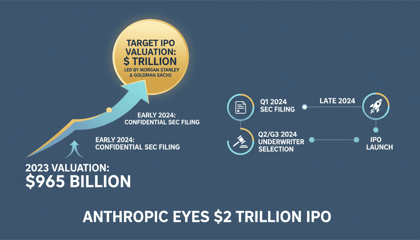 Infographic illustrating Anthropic's valuation growth and upcoming IPO details.