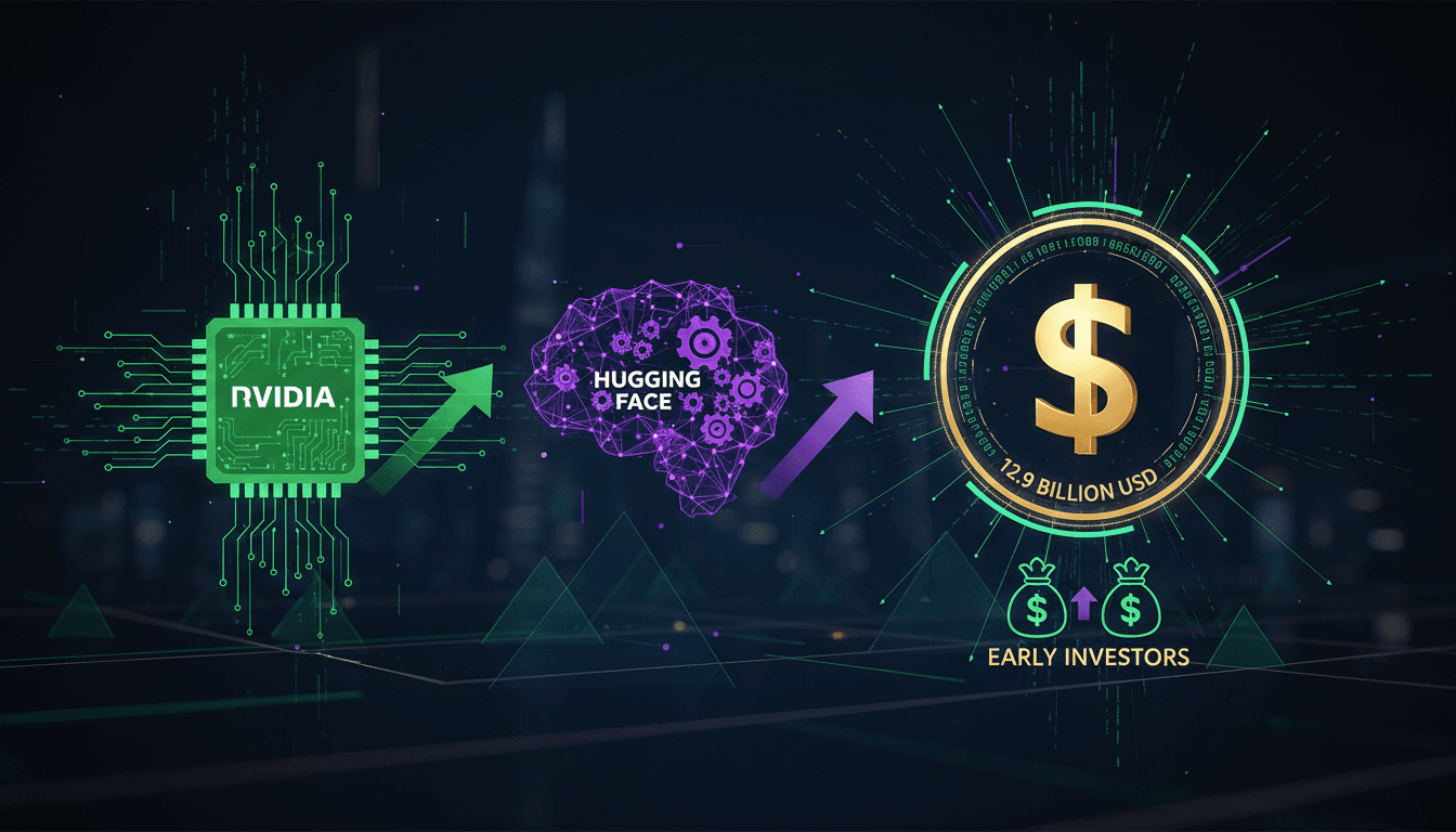 A graphic illustrating Nvidia's acquisition of Hugging Face, focusing on investment returns and market impact.