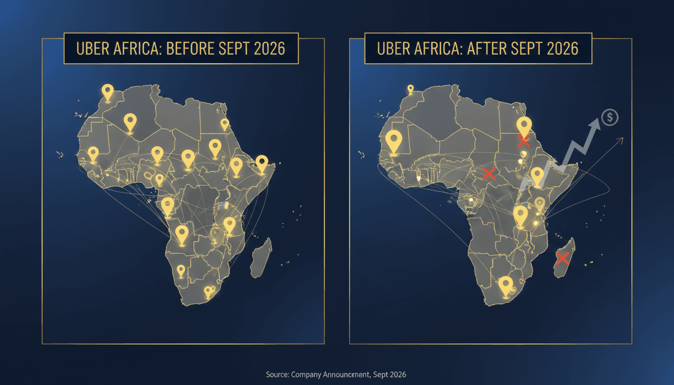 Infographic showing Uber's operational changes in Africa, highlighting the exit from Nigeria and Uganda.