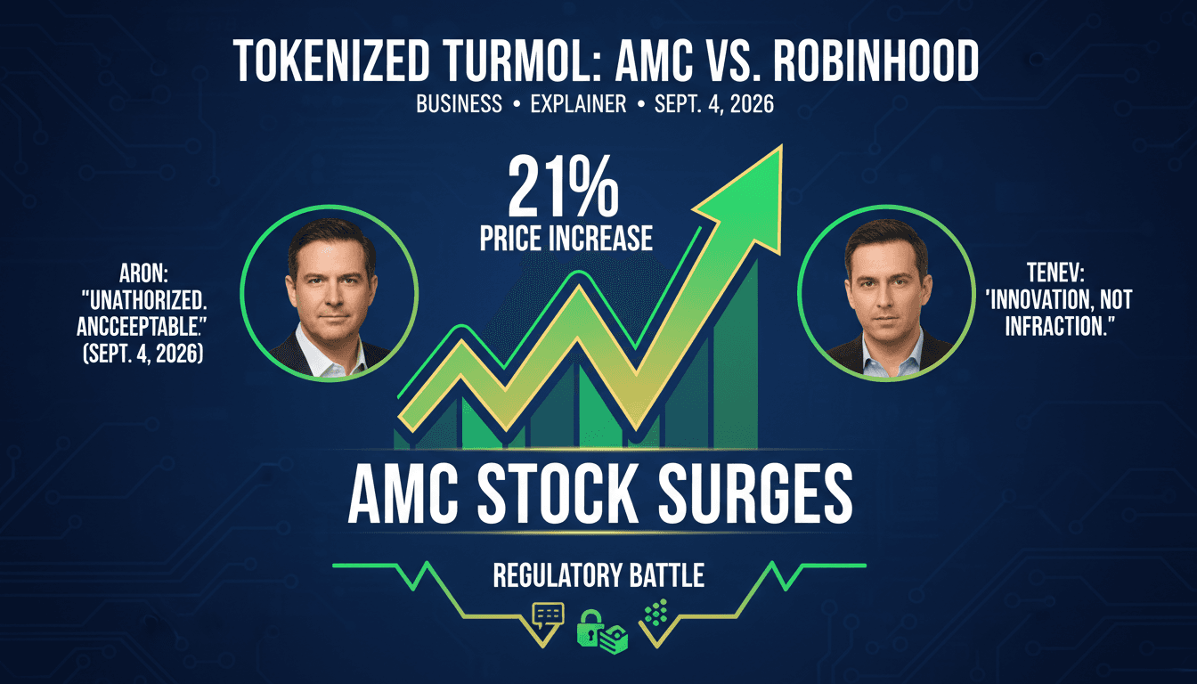 Infographic showing AMC stock price surge and key quotes from the AMC and Robinhood dispute over tokenized stock.