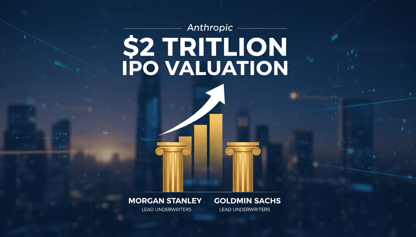A visual representation of Anthropic's projected $2 trillion IPO with logos of Morgan Stanley and Goldman Sachs.