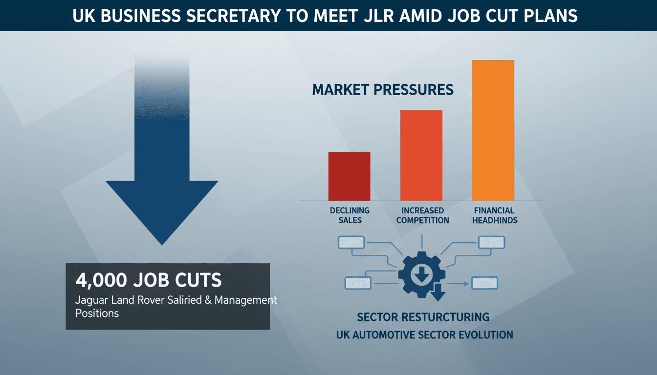 Infographic depicting Jaguar Land Rover's potential job cuts and market pressures affecting the automotive industry.