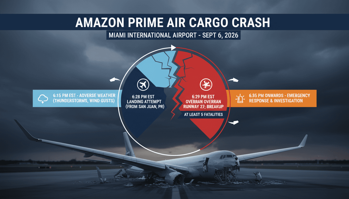 Emergency response teams at the site of the Amazon Prime Air cargo plane crash at Miami International Airport.