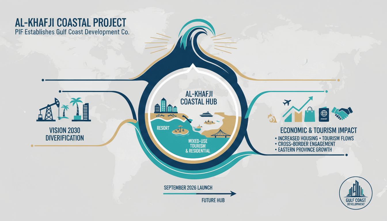 Infographic of the Gulf Coast Development Company project along Al-Khafji coastline, highlighting tourism and housing plans.