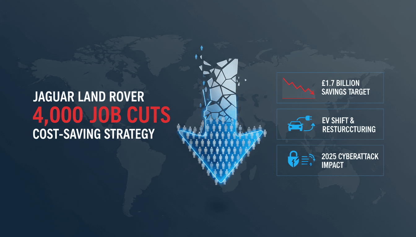 Infographic detailing Jaguar Land Rover's 4,000 job cuts and financial strategies in the automotive sector.