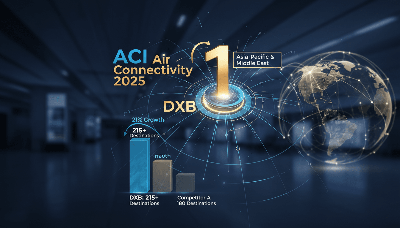 Infographic comparing Dubai International Airport's connectivity score with competitors in the Asia-Pacific and Middle East regions.