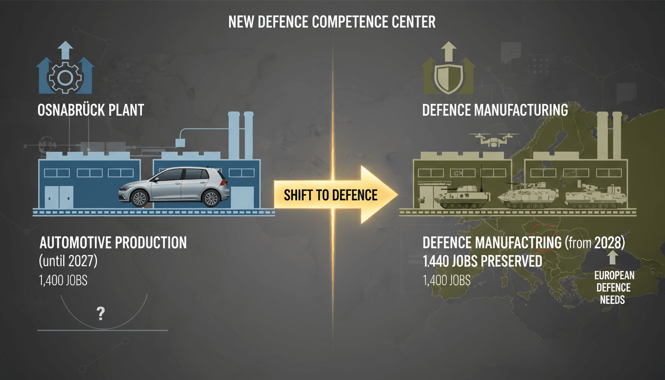 Infographic illustrating Volkswagen's Osnabrück plant conversion from automotive to defence manufacturing, highlighting job preservation.