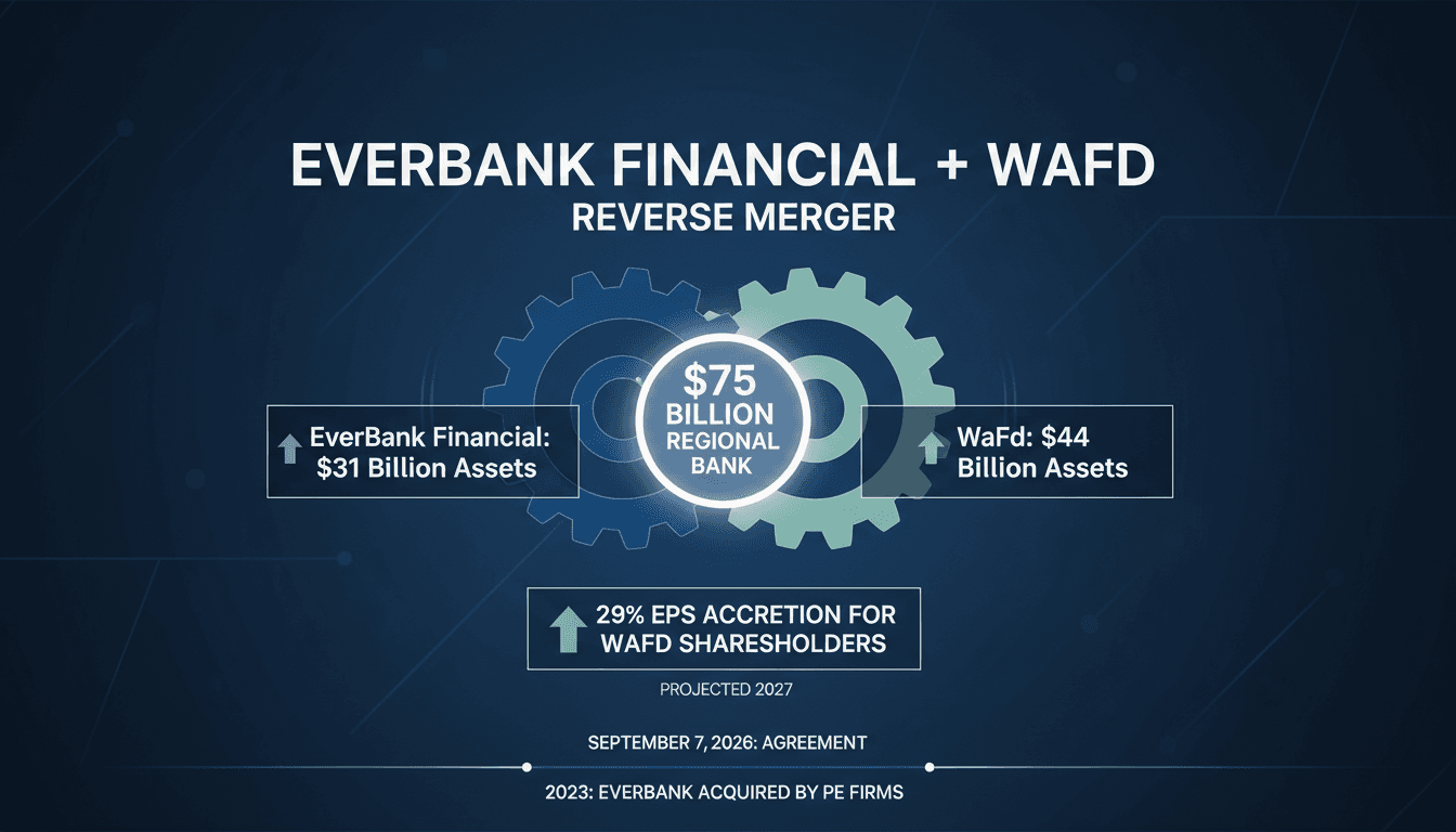 Infographic detailing the EverBank and WaFd merger, highlighting asset sizes and projected EPS growth.