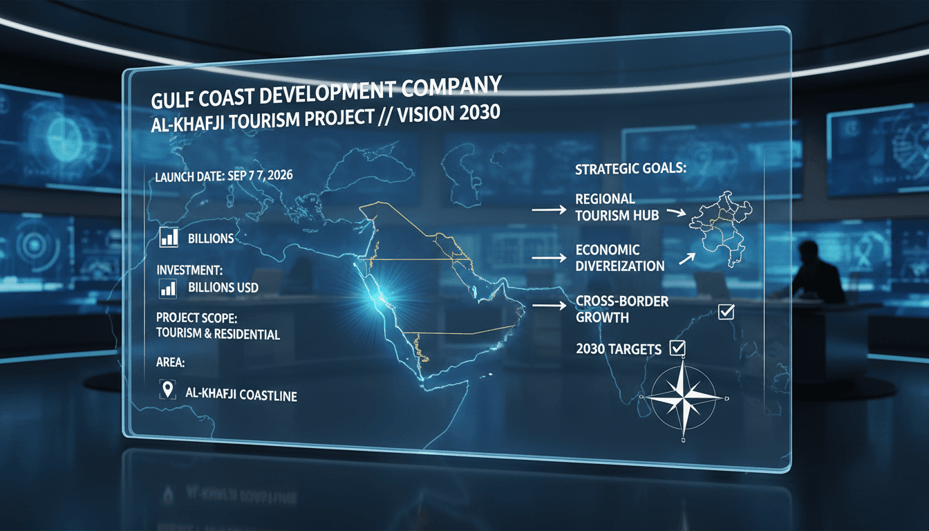 Infographic detailing the Gulf Coast Development Company's impact on tourism and real estate in Al-Khafji, Saudi Arabia.