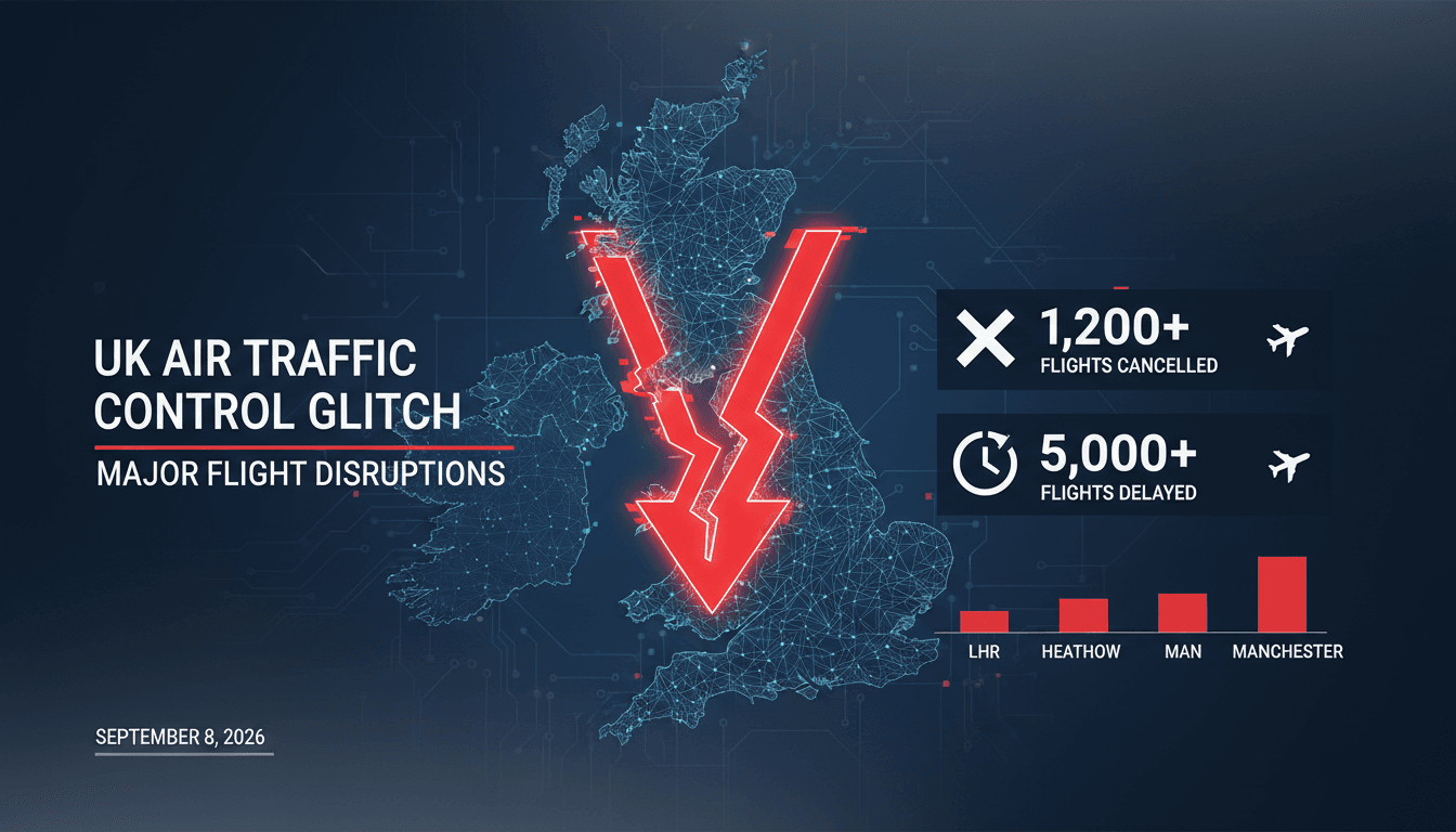 Infographic showing flight cancellations and delays due to UK air traffic control glitch.
