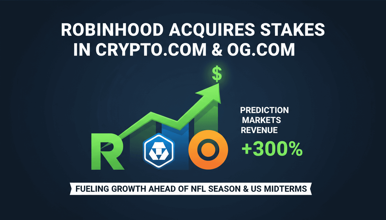 A graphic illustrating Robinhood's acquisition of stakes in Crypto.com and OG.com, highlighting prediction market growth.