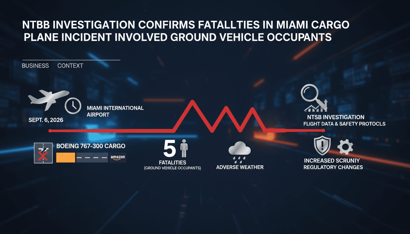 A Boeing 767-300 cargo plane at Miami International Airport, highlighting the runway overrun incident and its impact.