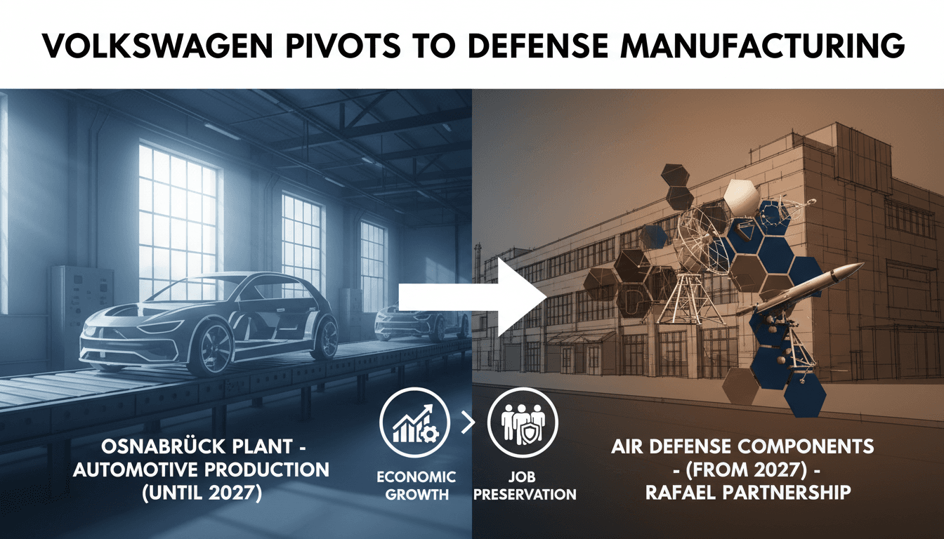 Infographic showing Volkswagen's Osnabrück plant transition from automotive to defense manufacturing, highlighting job preservation and economic impact.