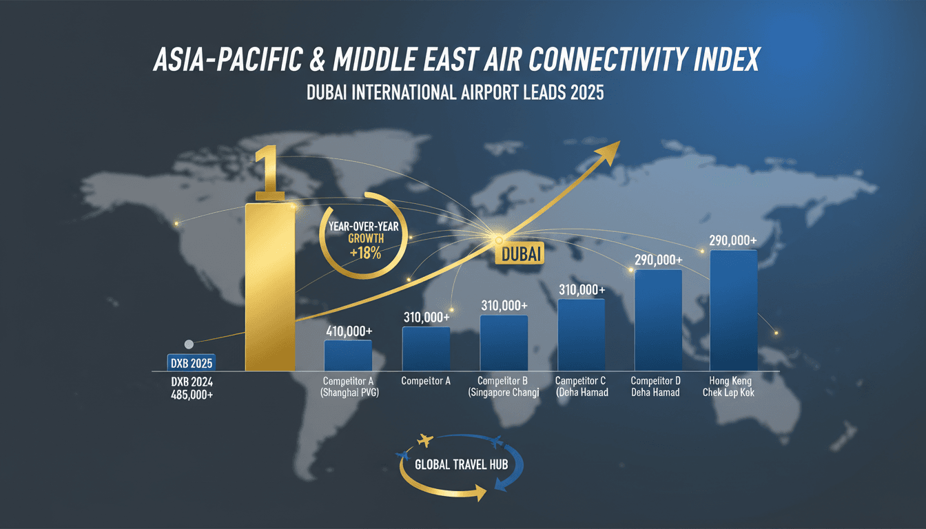 Infographic comparing Dubai International Airport's connectivity score with Shanghai Pudong and other major airports.