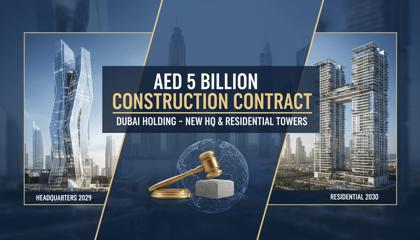 A visual representation of Dubai Holding's AED 5 billion construction contract, featuring the new headquarters and luxury residences.