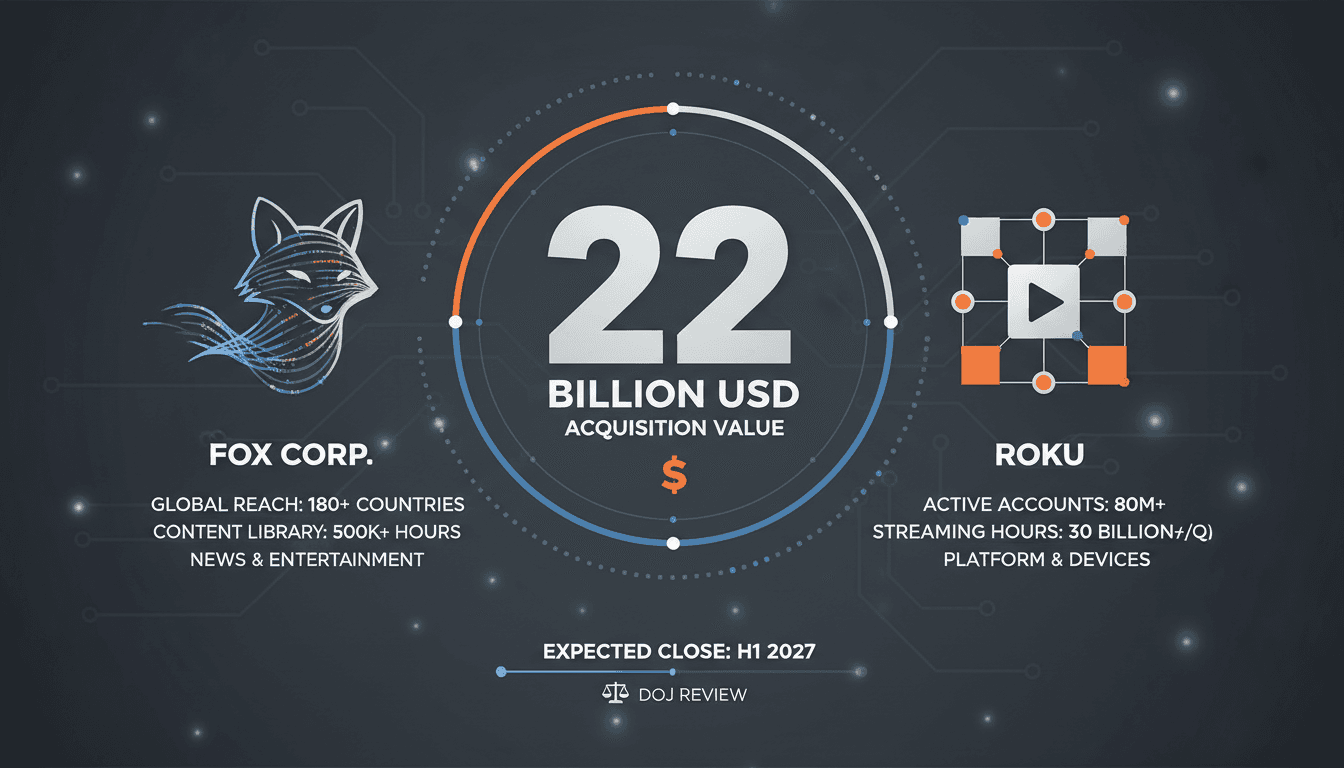 Infographic detailing Fox's $22 billion acquisition of Roku, highlighting market impact and regulatory review.