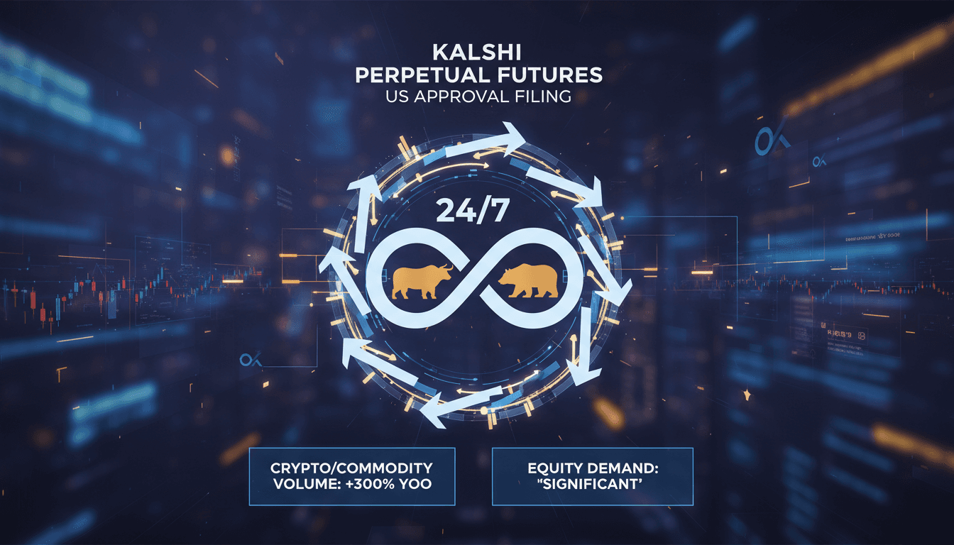 A visual representation of Kalshi's new perpetual futures contracts and trading volume statistics.
