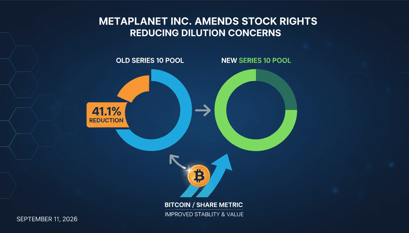 Infographic illustrating Metaplanet's 41% reduction in stock acquisition rights and its impact on Bitcoin per share.