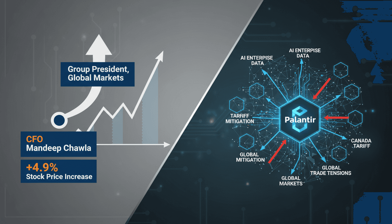 Infographic showing Celestica's leadership changes and Palantir's AI strategy in the tech market.