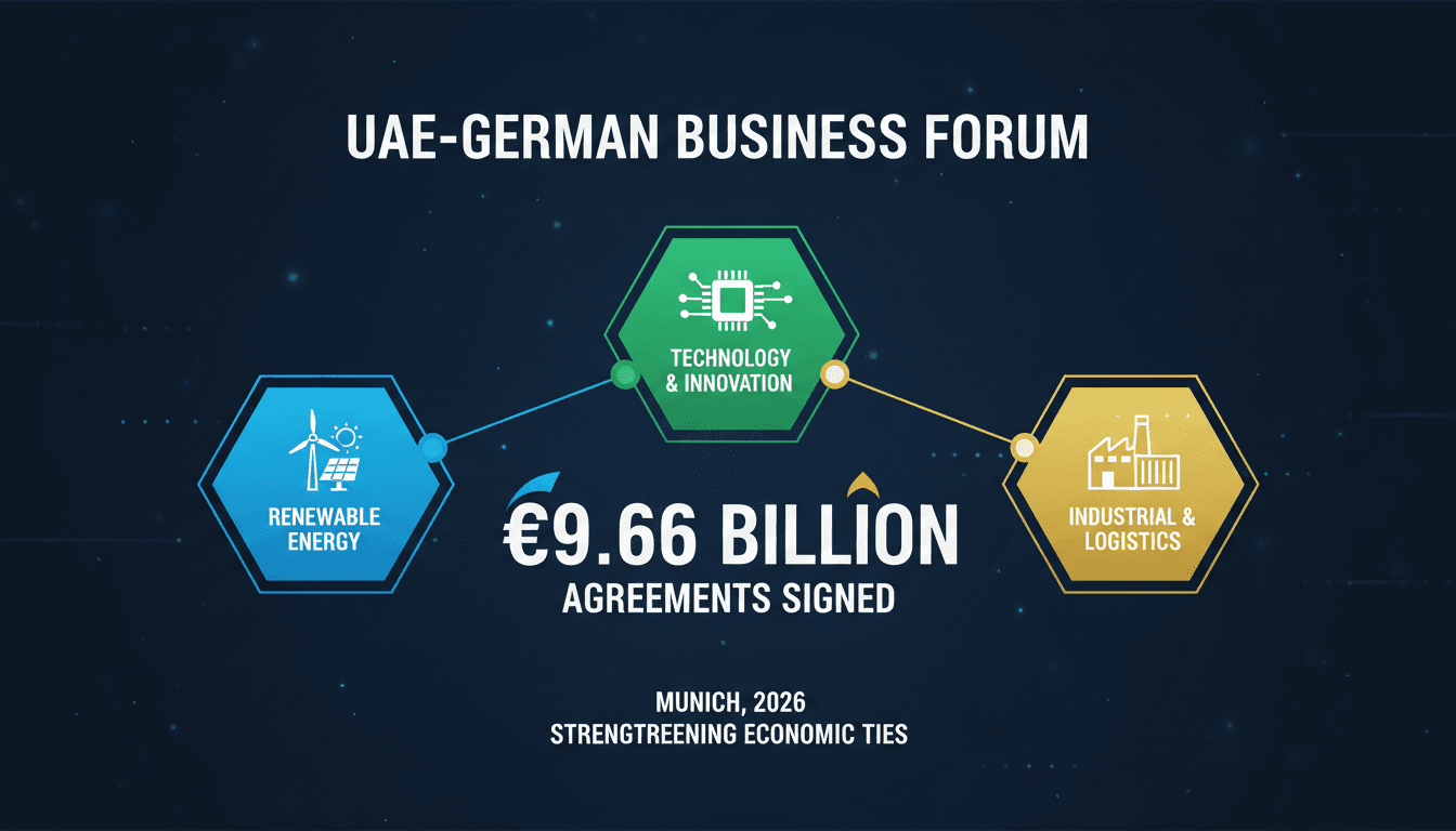 Infographic detailing the €9.66 billion agreements from the UAE-German Business Forum, highlighting key sectors and participants.