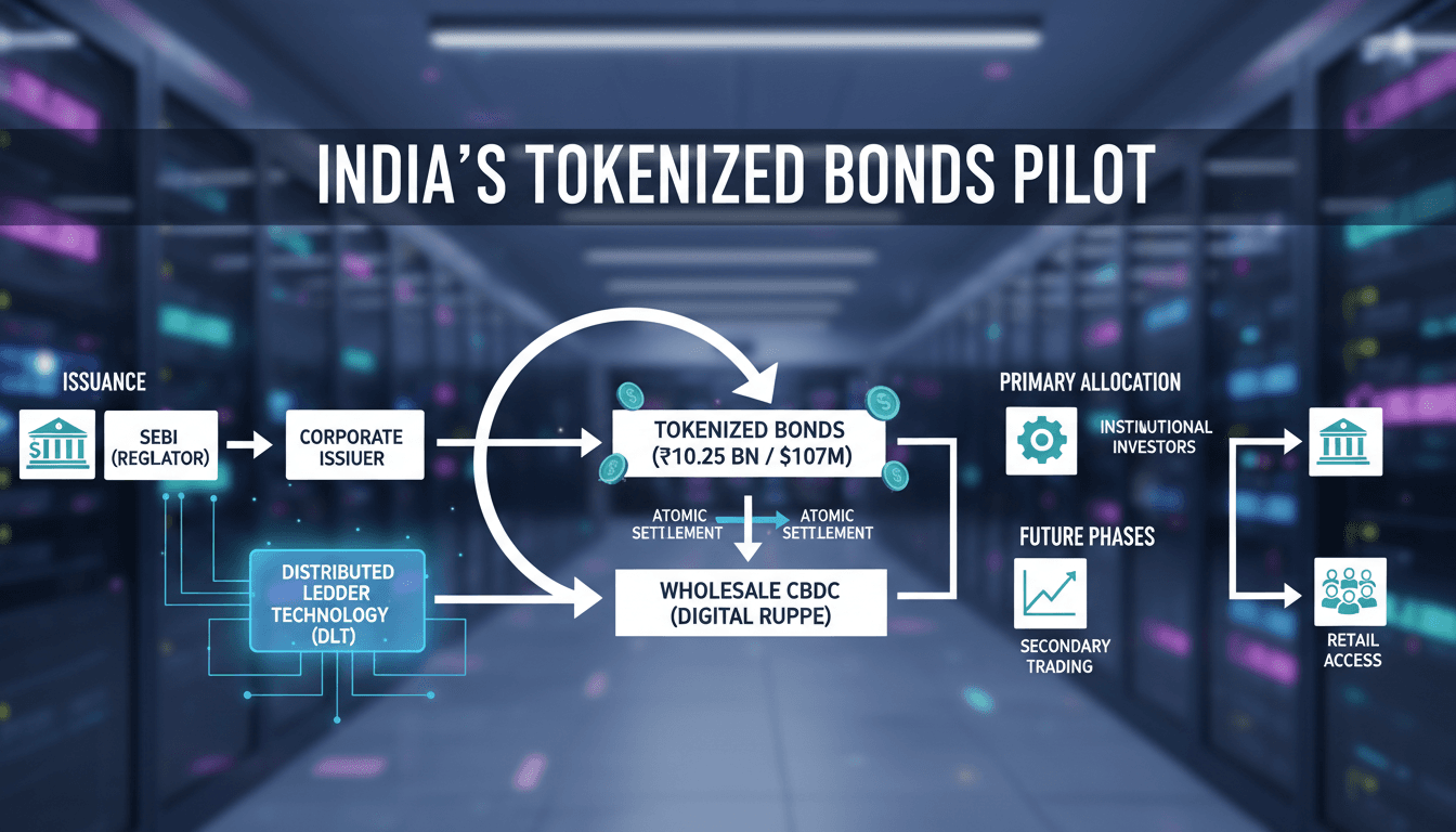 Infographic showing the process of tokenized corporate bonds issuance and settlement in India's Demat 2.0 pilot.