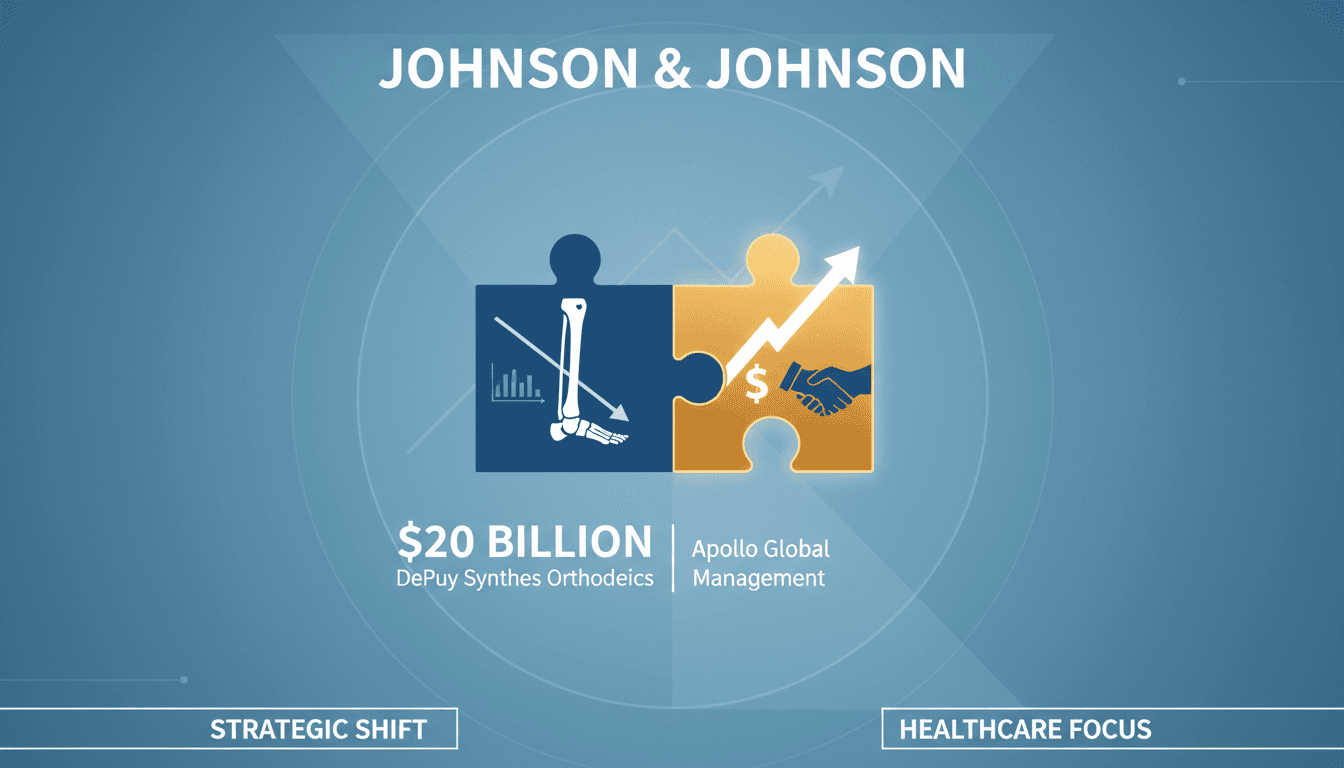 Infographic illustrating Johnson & Johnson's potential $20 billion sale of its DePuy Synthes orthopedics unit to Apollo Global Management.
