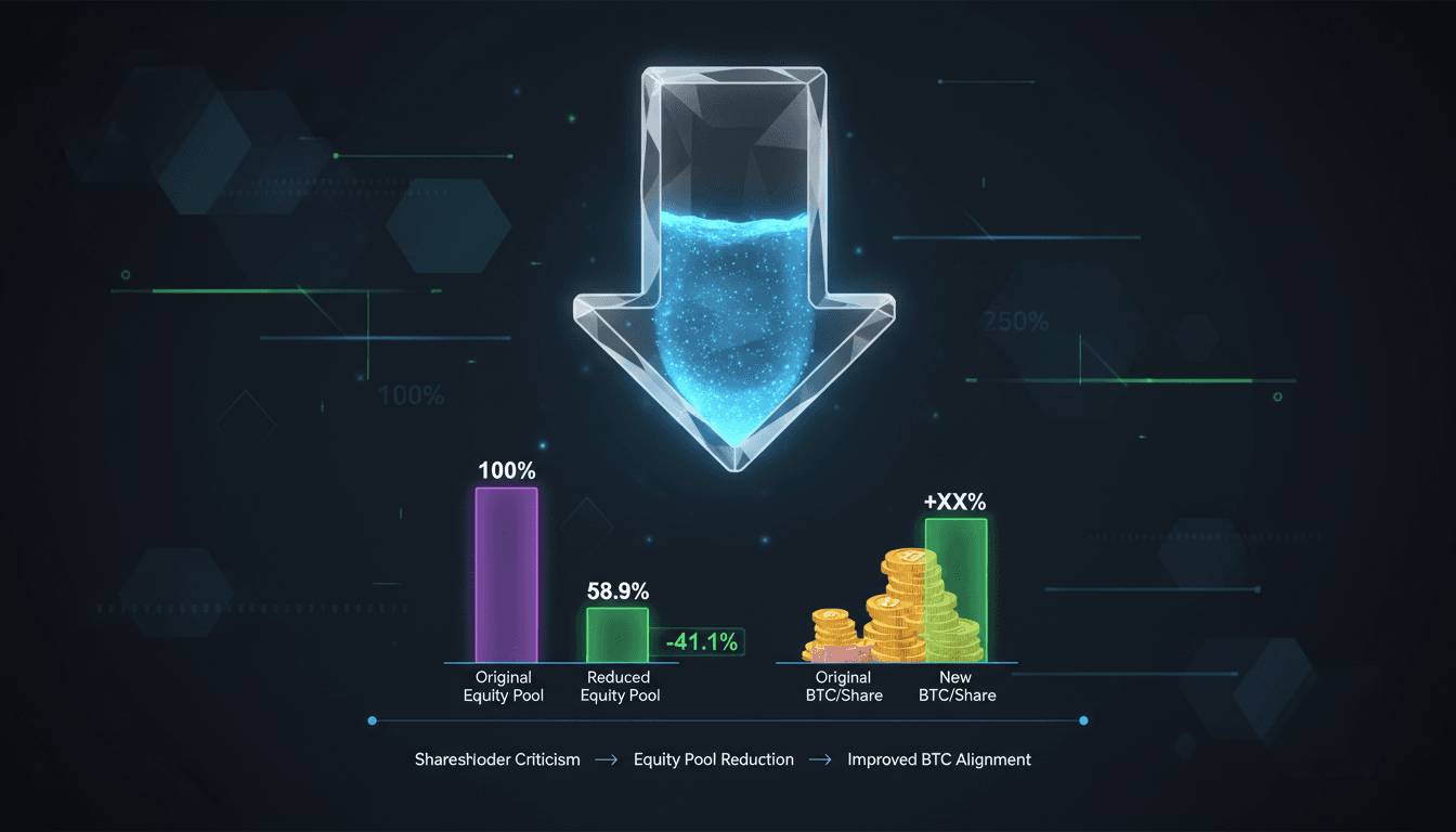 Infographic showing Metaplanet's 41% equity pool reduction and its effects on Bitcoin holdings per share.