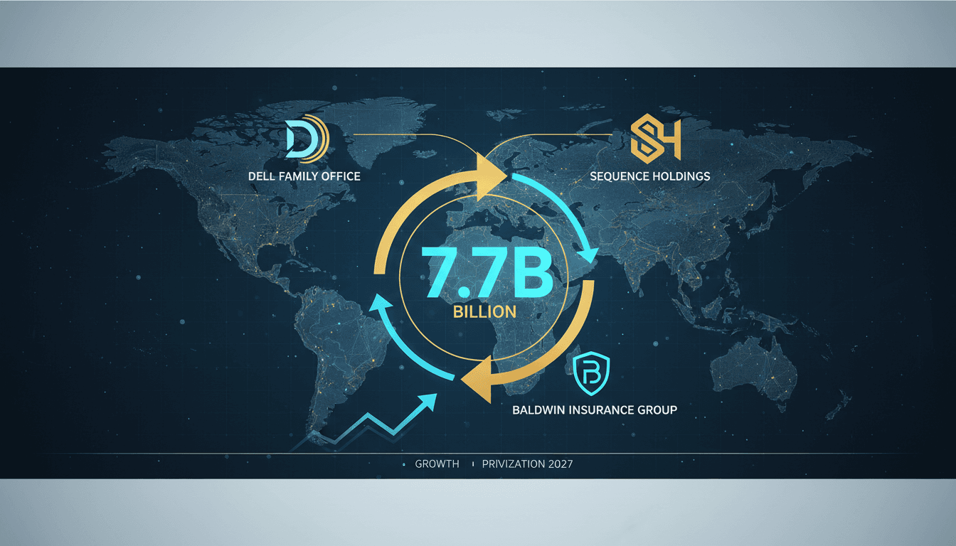Graphic illustrating the $7.7 billion acquisition of Baldwin Insurance Group by Dell Family Office and Sequence Holdings.