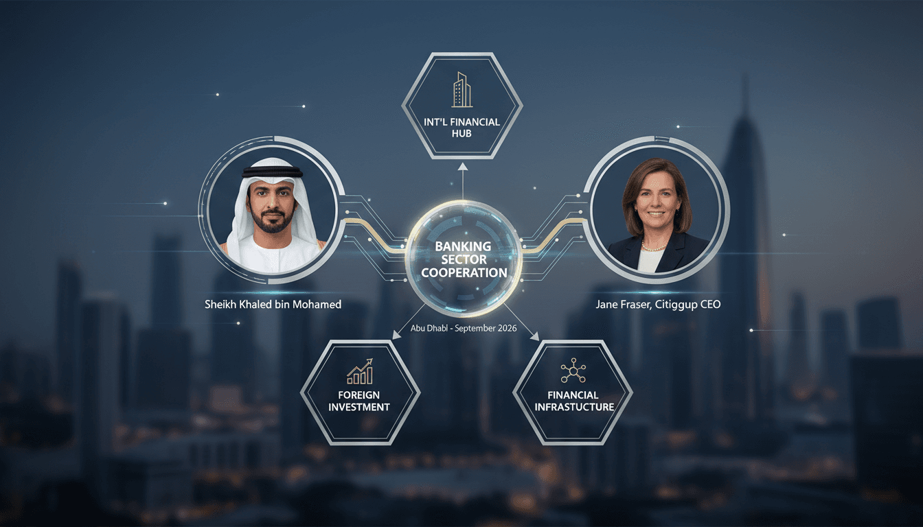 Sheikh Khaled bin Mohamed bin Zayed and Jane Fraser discussing banking cooperation in Abu Dhabi.
