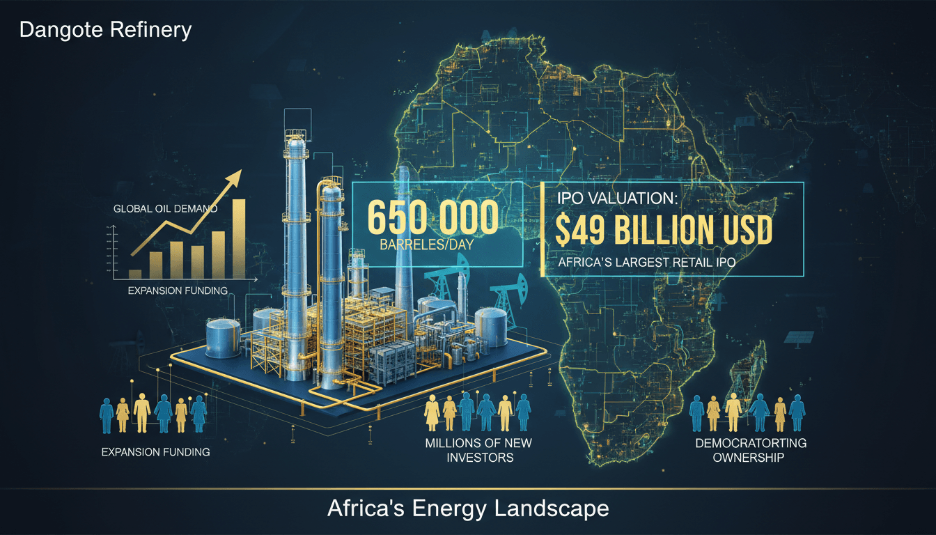 Infographic of Dangote refinery's capacity and IPO valuation in Africa's energy sector.