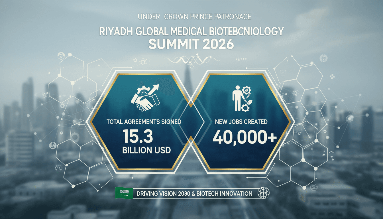 Infographic detailing the Riyadh Global Medical Biotechnology Summit, showcasing agreements and job creation statistics.