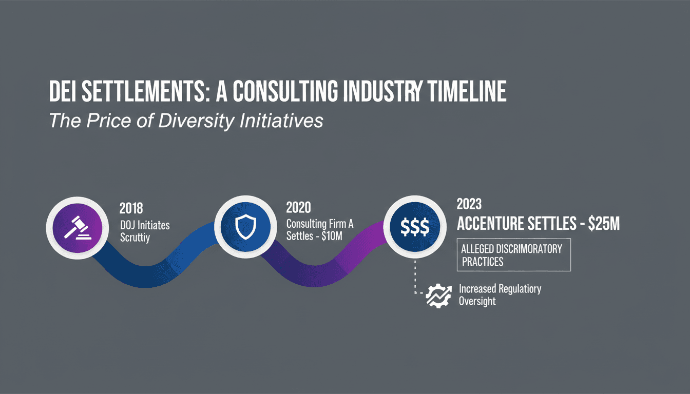 Infographic showing Accenture's $25 million settlement over discriminatory practices and its implications for DEI initiatives.