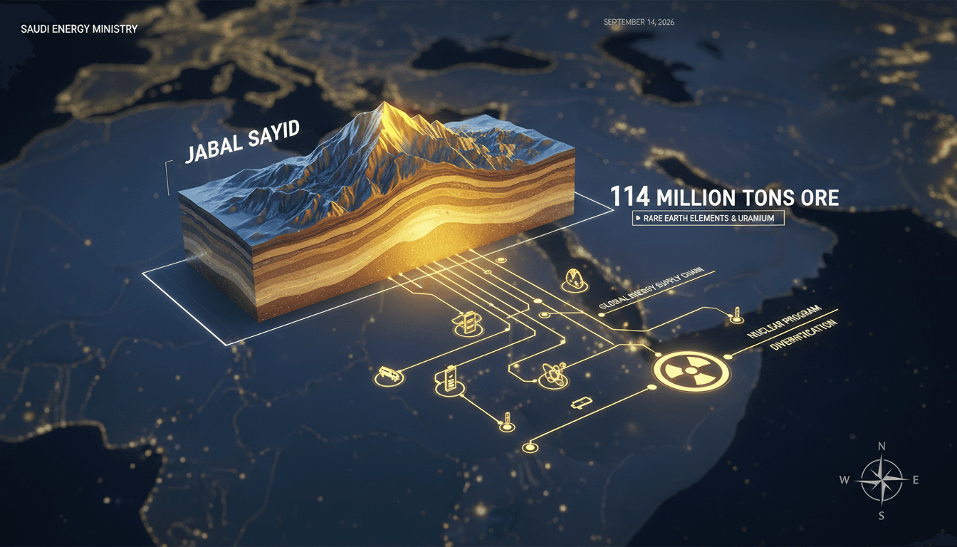 Infographic detailing Saudi Arabia's 114 million ton ore discovery at Jabal Sayid, highlighting rare earth elements and uranium potential.