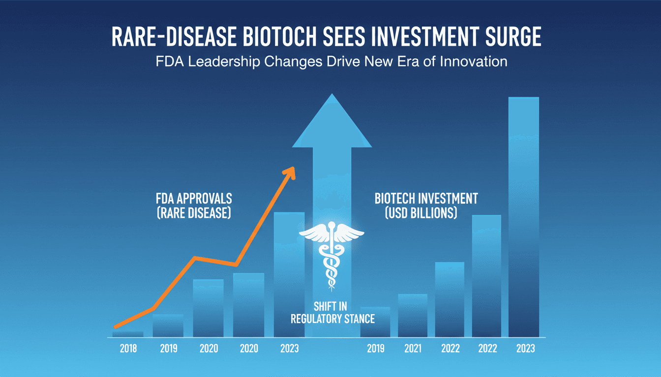 Infographic showing the rise in rare-disease biotech investments and FDA approval rates.