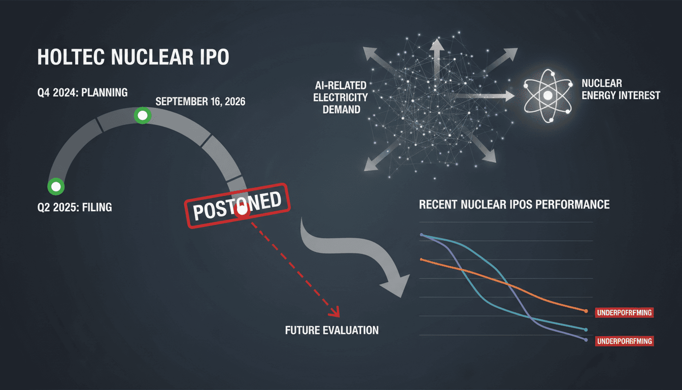Infographic detailing Holtec Nuclear's IPO timeline and recent market performance of nuclear sector IPOs.