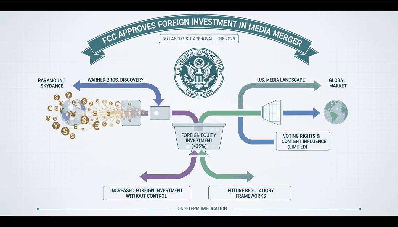 Infographic showing foreign investment flow into U.S. media and its regulatory implications.