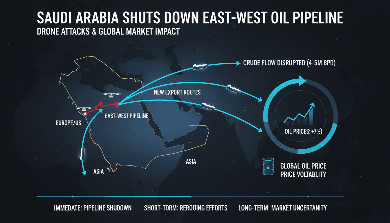 A map showing Saudi Arabia's oil export routes and the impact of the East-West pipeline shutdown on global markets.