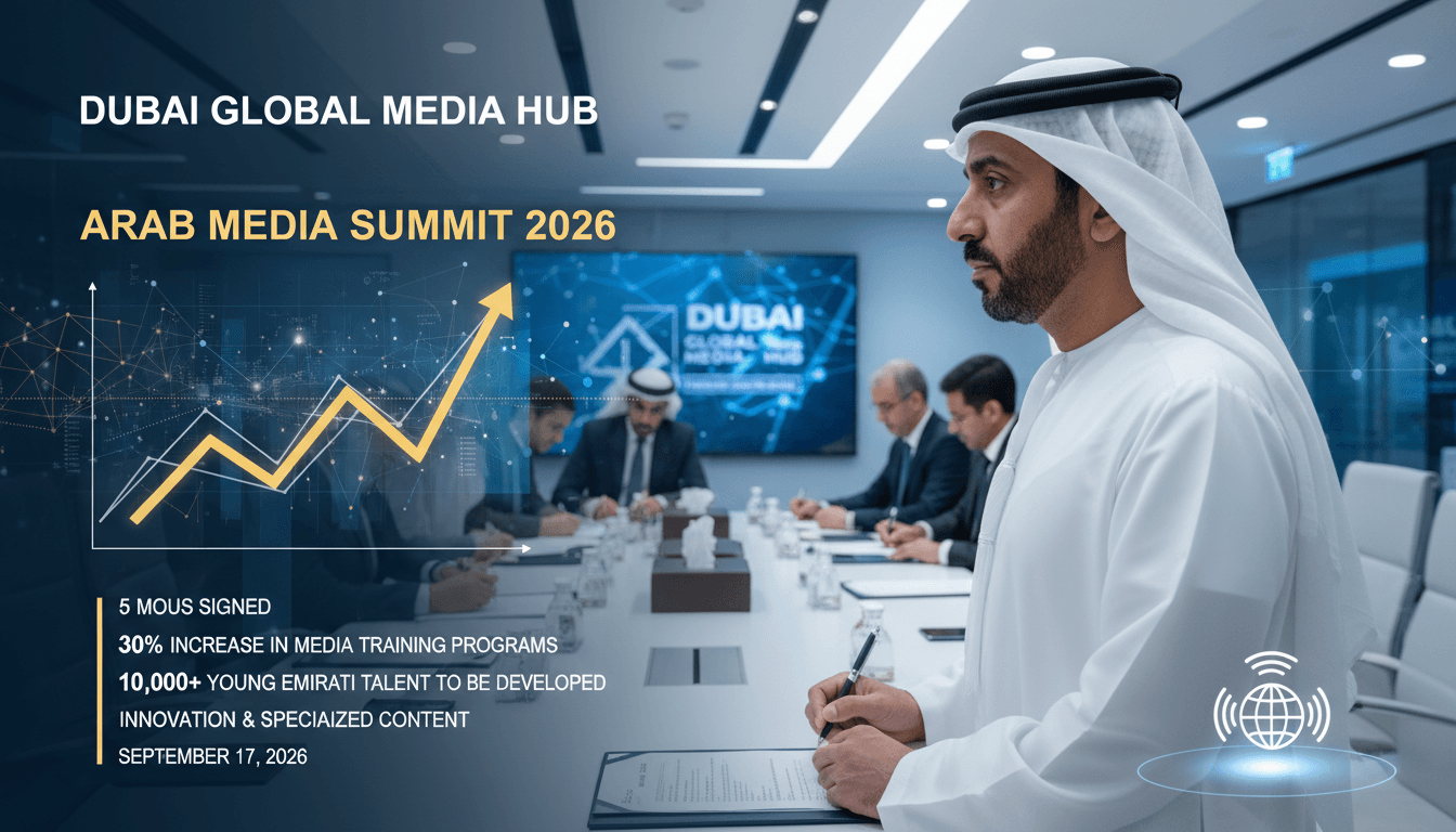 Sheikh Ahmed bin Mohammed at the MoU signing event, highlighting Dubai's media sector development initiatives.